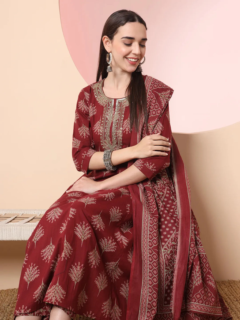 Yufta Maroon Pure Cotton Chikankari Anarkali Kurta Dupatta Pant Set | Grocsy