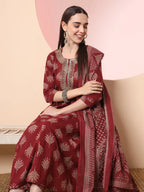 Yufta Maroon Pure Cotton Chikankari Anarkali Kurta Dupatta Pant Set | Grocsy
