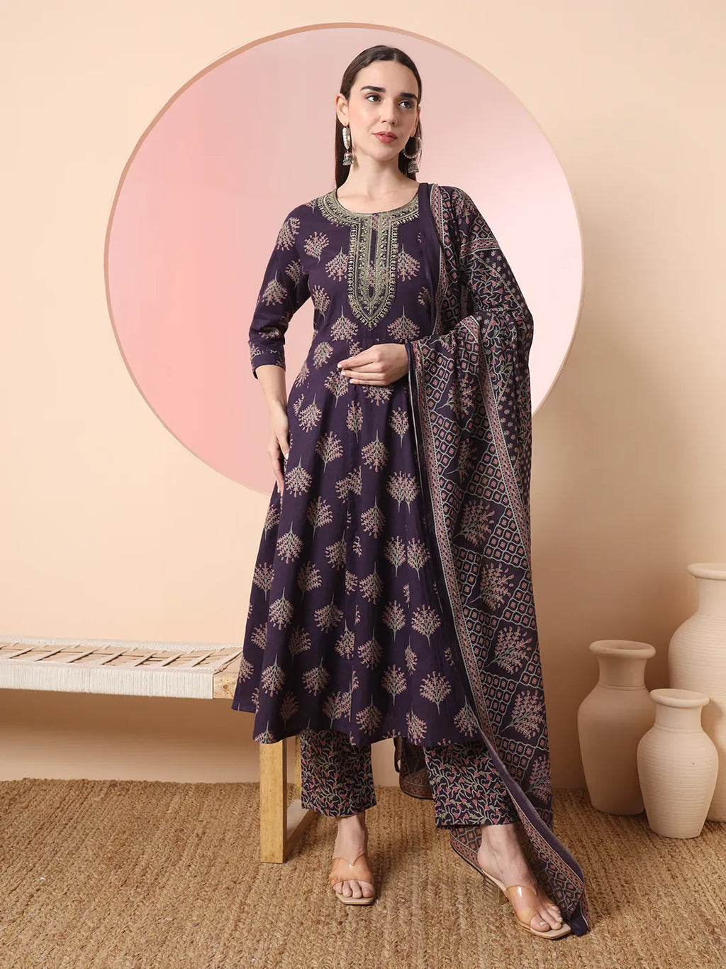 Yufta Purple Pure Cotton Chikankari Anarkali Kurta Dupatta Pant Set | Grocsy