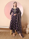 Yufta Purple Pure Cotton Chikankari Anarkali Kurta Dupatta Pant Set | Grocsy