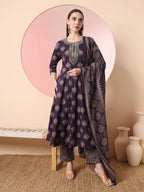 Yufta Purple Pure Cotton Chikankari Anarkali Kurta Dupatta Pant Set | Grocsy