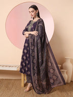Yufta Purple Pure Cotton Chikankari Anarkali Kurta Dupatta Pant Set | Grocsy