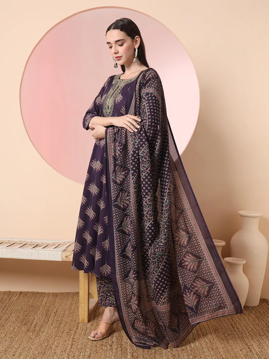 Yufta Purple Pure Cotton Chikankari Anarkali Kurta Dupatta Pant Set | Grocsy
