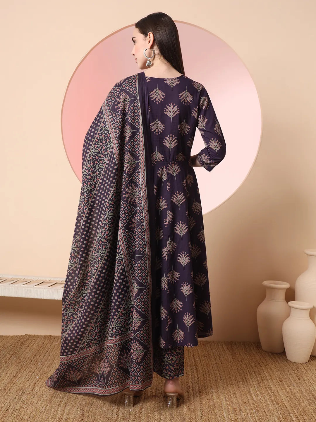 Yufta Purple Pure Cotton Chikankari Anarkali Kurta Dupatta Pant Set | Grocsy