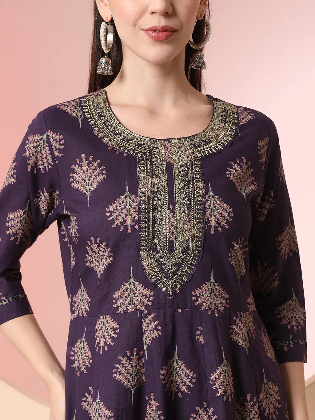 Yufta Purple Pure Cotton Chikankari Anarkali Kurta Dupatta Pant Set | Grocsy