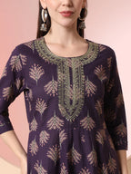 Yufta Purple Pure Cotton Chikankari Anarkali Kurta Dupatta Pant Set | Grocsy