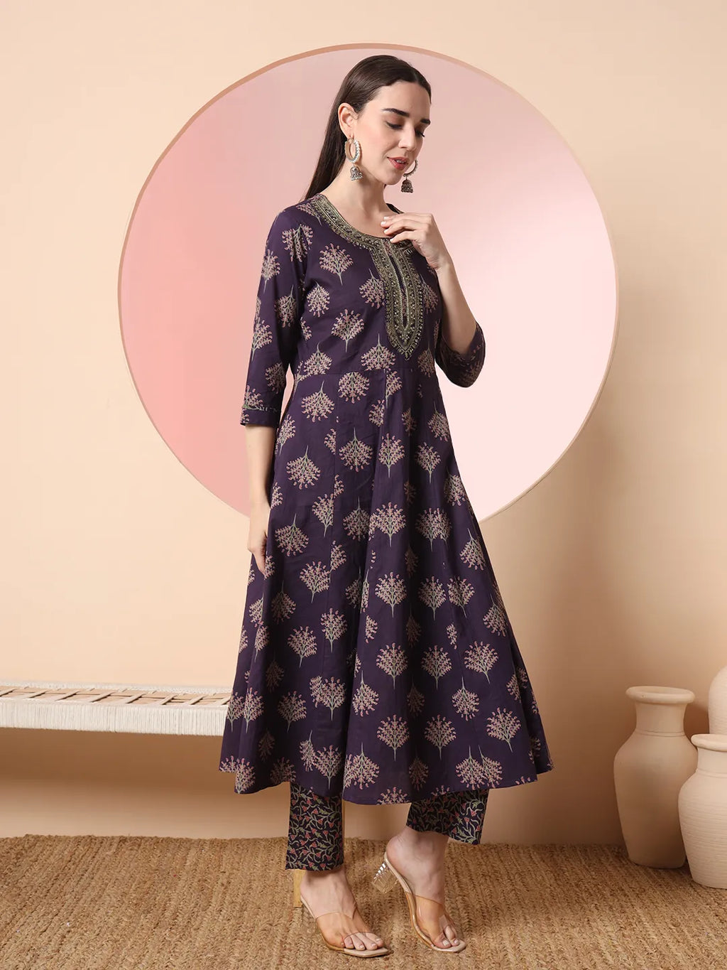 Yufta Purple Pure Cotton Chikankari Anarkali Kurta Dupatta Pant Set | Grocsy