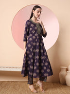 Yufta Purple Pure Cotton Chikankari Anarkali Kurta Dupatta Pant Set | Grocsy