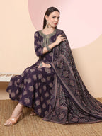 Yufta Purple Pure Cotton Chikankari Anarkali Kurta Dupatta Pant Set | Grocsy