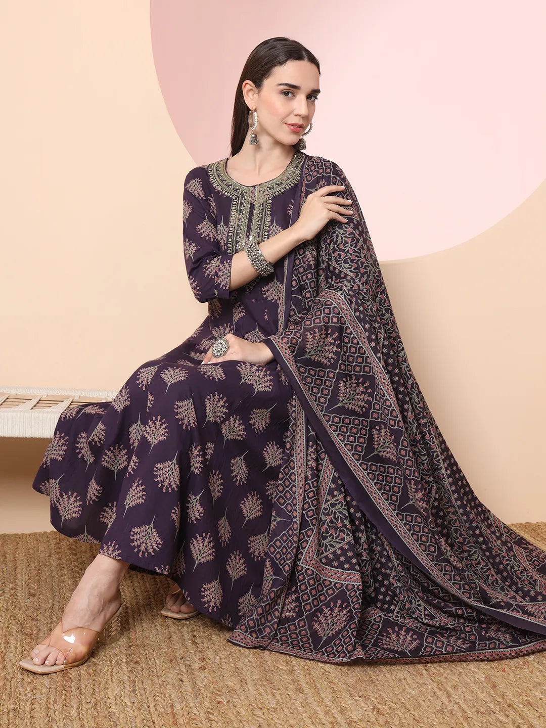 Yufta Purple Pure Cotton Chikankari Anarkali Kurta Dupatta Pant Set | Grocsy