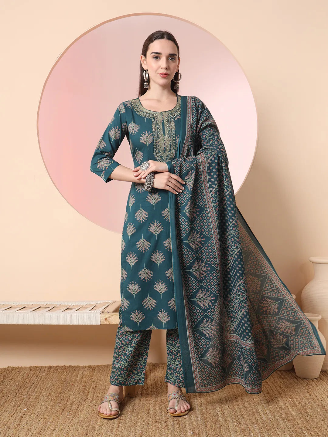 Yufta Green Pure Cotton Chikankari Straight Kurta Dupatta Pant Set | Grocsy