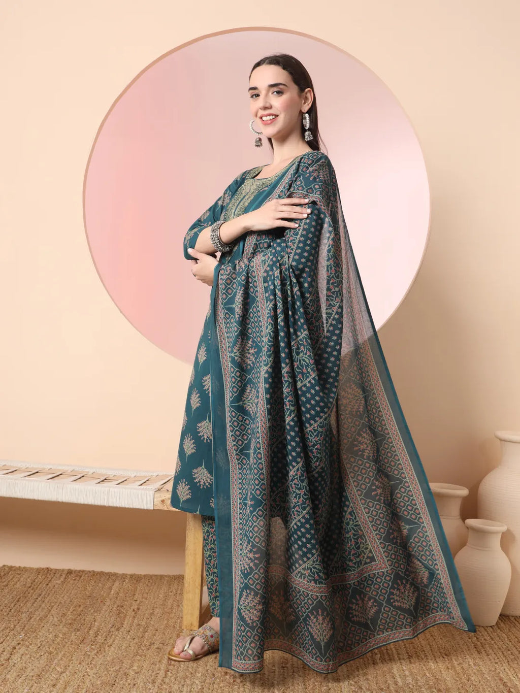 Yufta Green Pure Cotton Chikankari Straight Kurta Dupatta Pant Set | Grocsy