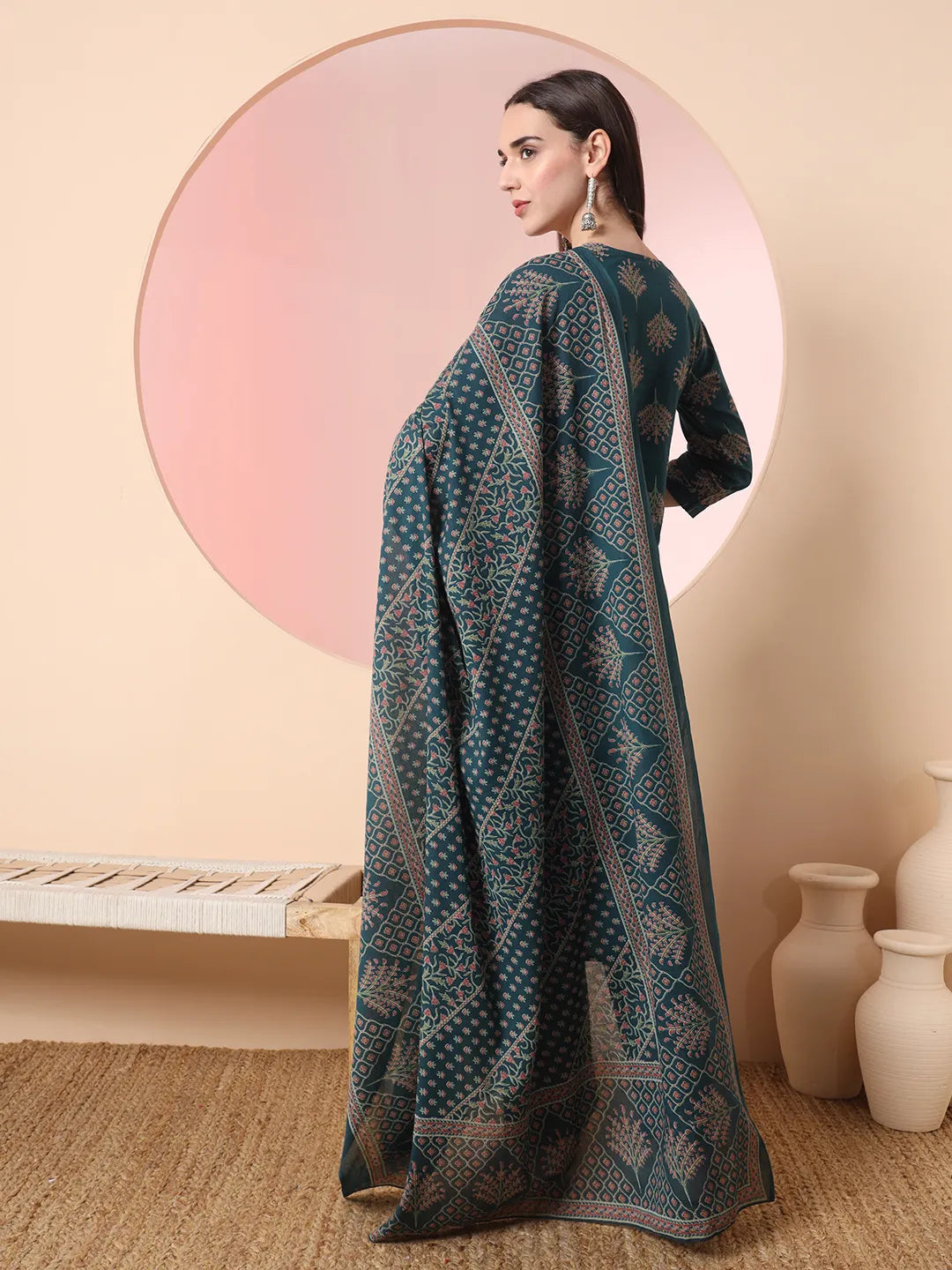 Yufta Green Pure Cotton Chikankari Straight Kurta Dupatta Pant Set | Grocsy