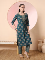 Yufta Green Pure Cotton Chikankari Straight Kurta Dupatta Pant Set | Grocsy