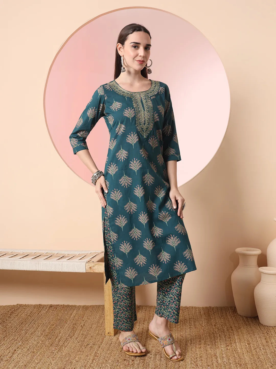 Yufta Green Pure Cotton Chikankari Straight Kurta Dupatta Pant Set | Grocsy