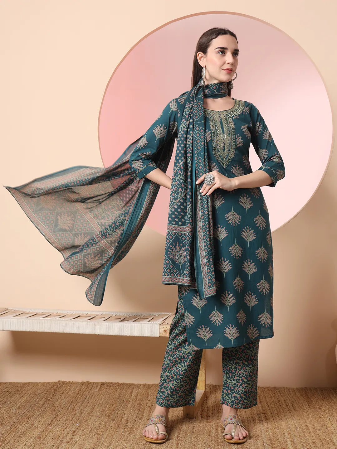 Yufta Green Pure Cotton Chikankari Straight Kurta Dupatta Pant Set | Grocsy