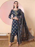 Yufta Teal Blue Pure Cotton Chikankari Straight Kurta Dupatta Pant Set | Grocsy