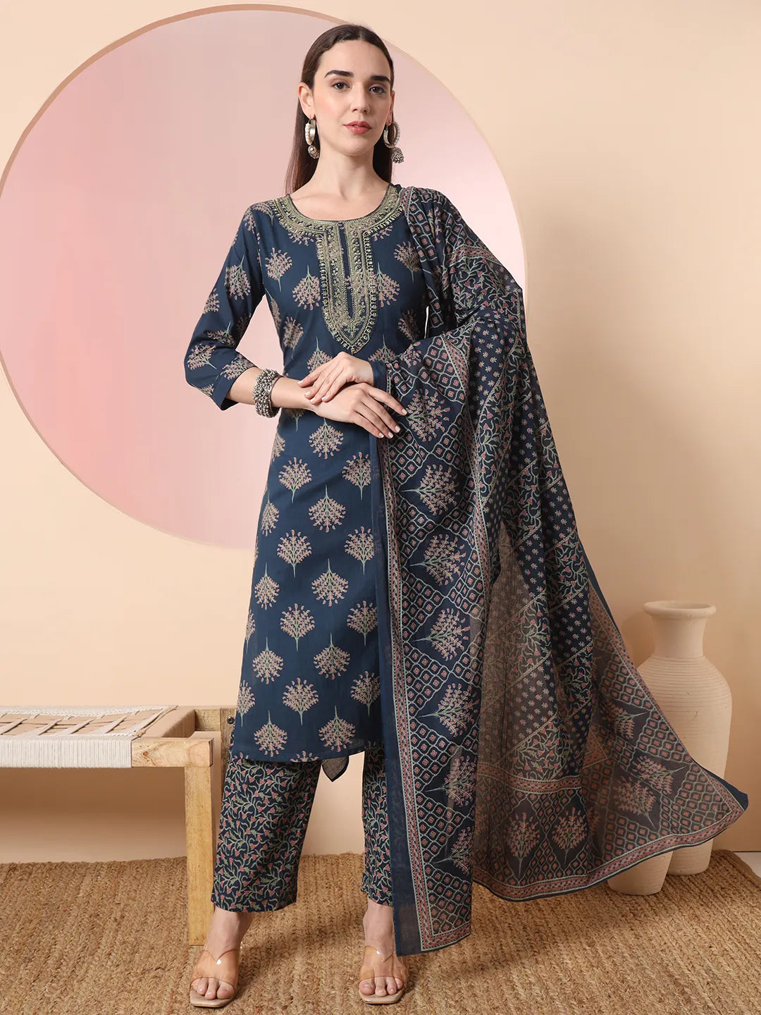 Yufta Teal Blue Pure Cotton Chikankari Straight Kurta Dupatta Pant Set | Grocsy