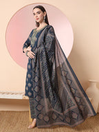 Yufta Teal Blue Pure Cotton Chikankari Straight Kurta Dupatta Pant Set | Grocsy