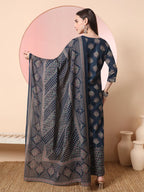 Yufta Teal Blue Pure Cotton Chikankari Straight Kurta Dupatta Pant Set | Grocsy