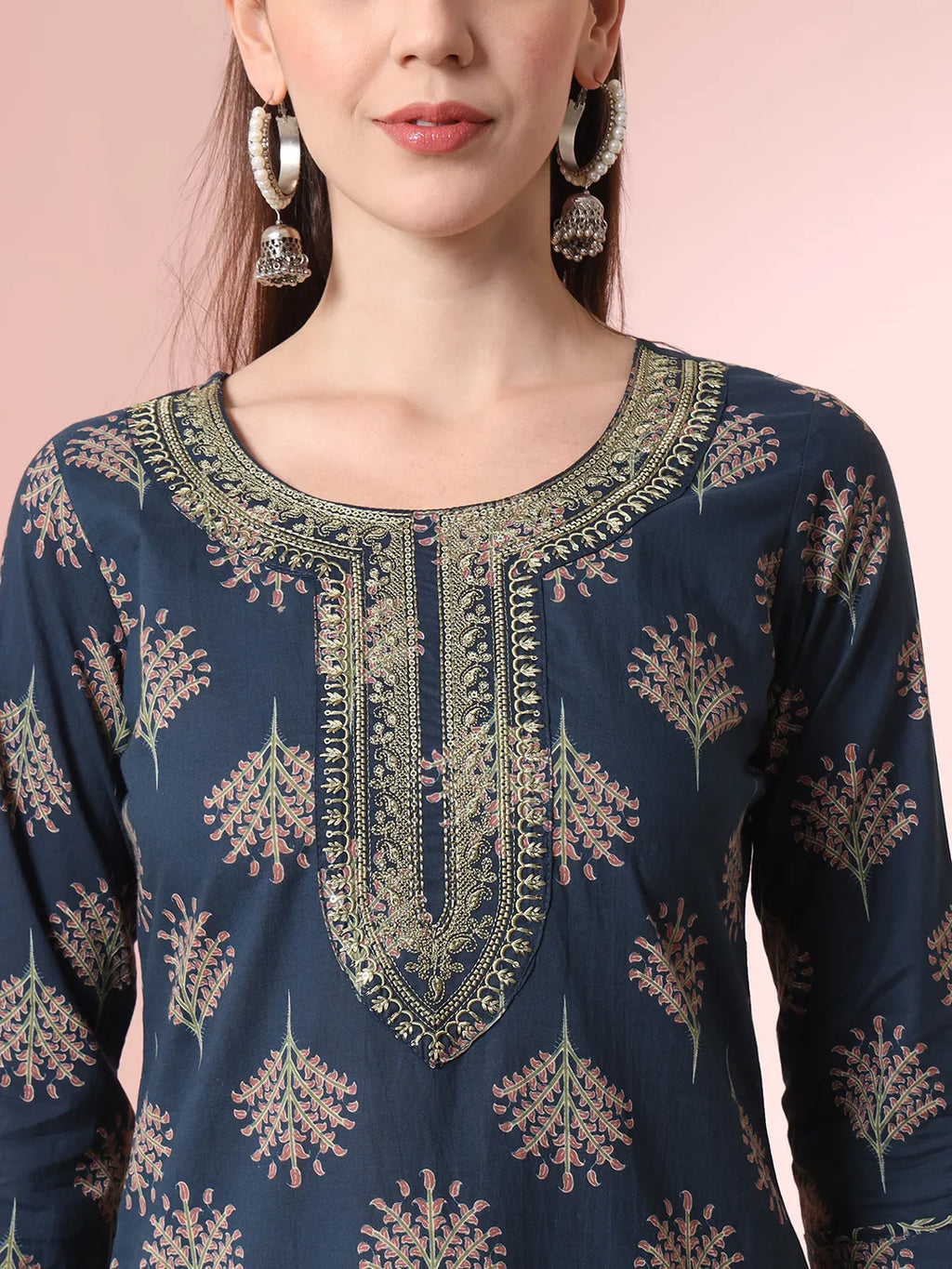 Yufta Teal Blue Pure Cotton Chikankari Straight Kurta Dupatta Pant Set | Grocsy