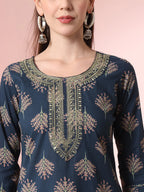 Yufta Teal Blue Pure Cotton Chikankari Straight Kurta Dupatta Pant Set | Grocsy