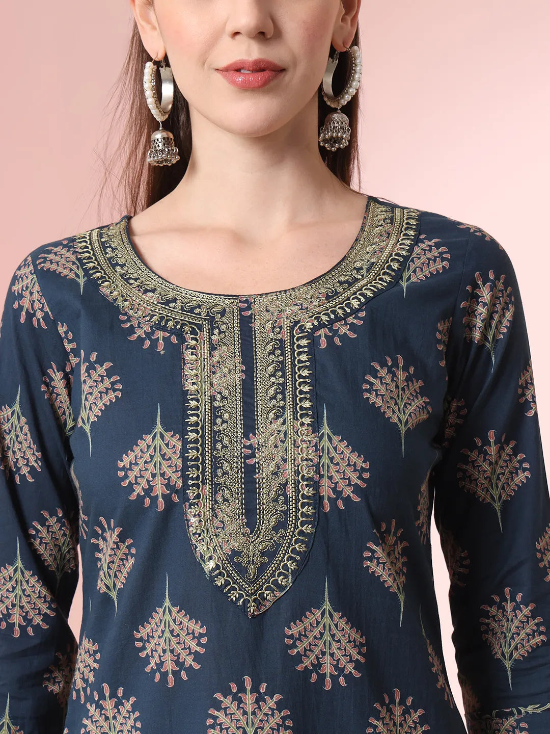 Yufta Teal Blue Pure Cotton Chikankari Straight Kurta Dupatta Pant Set | Grocsy