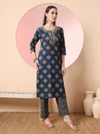 Yufta Teal Blue Pure Cotton Chikankari Straight Kurta Dupatta Pant Set | Grocsy