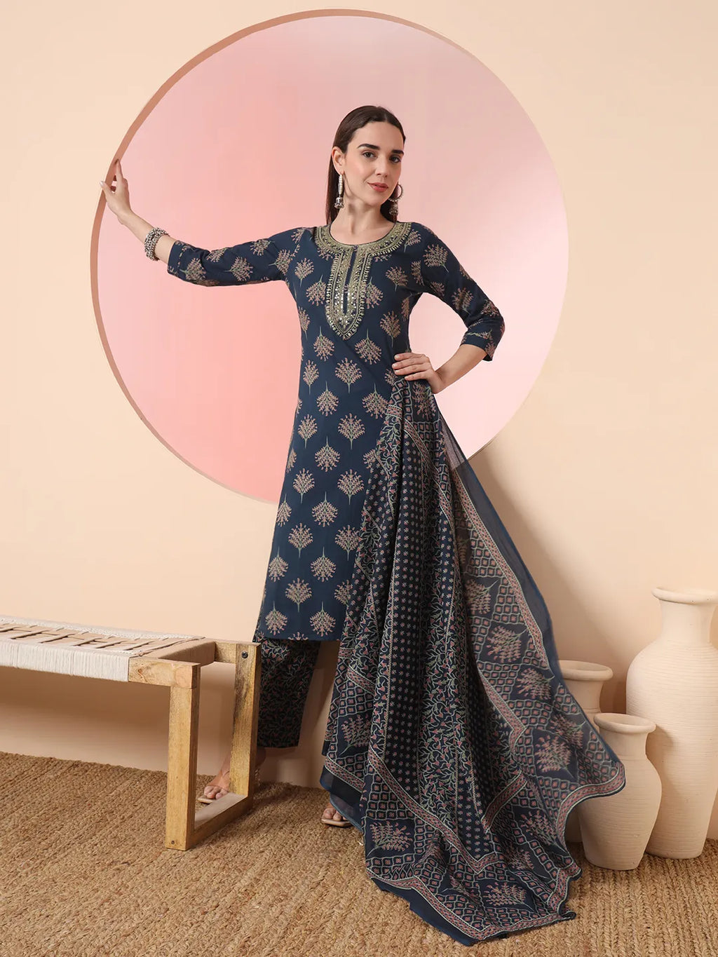 Yufta Teal Blue Pure Cotton Chikankari Straight Kurta Dupatta Pant Set | Grocsy