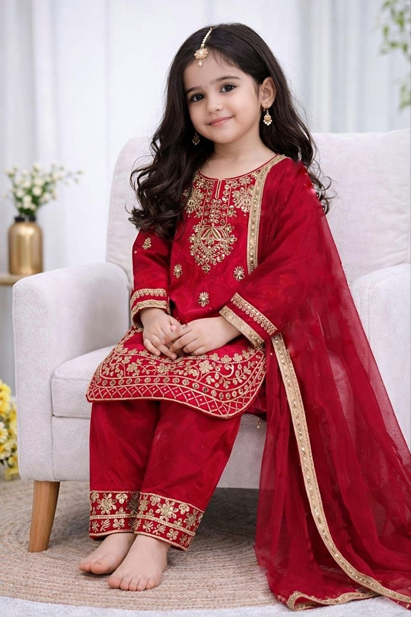 Evanik Red Designer Party Wear Look Kids Top Salwar & Dupata | Grocsy