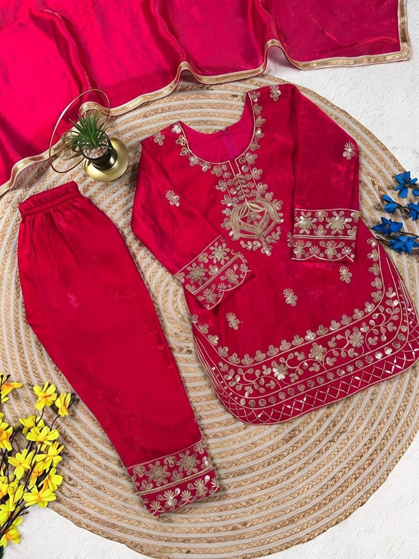 Evanik Red Designer Party Wear Look Kids Top Salwar & Dupata | Grocsy