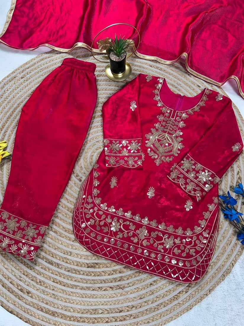 Evanik Red Designer Party Wear Look Kids Top Salwar & Dupata | Grocsy