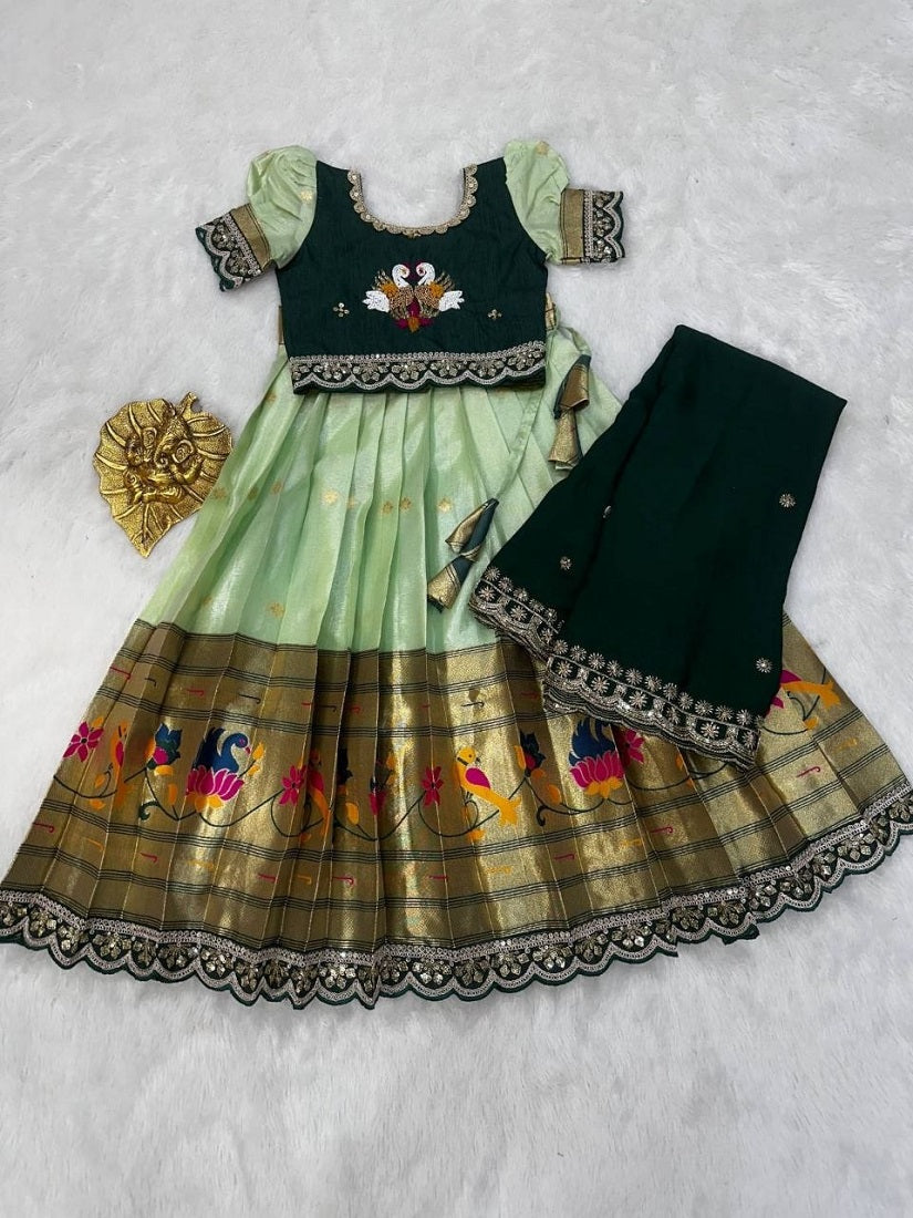 Evanik Green Kids Paithani Simmer Silk Zari Weaving Pavadai Lehenga Choli Set | Grocsy