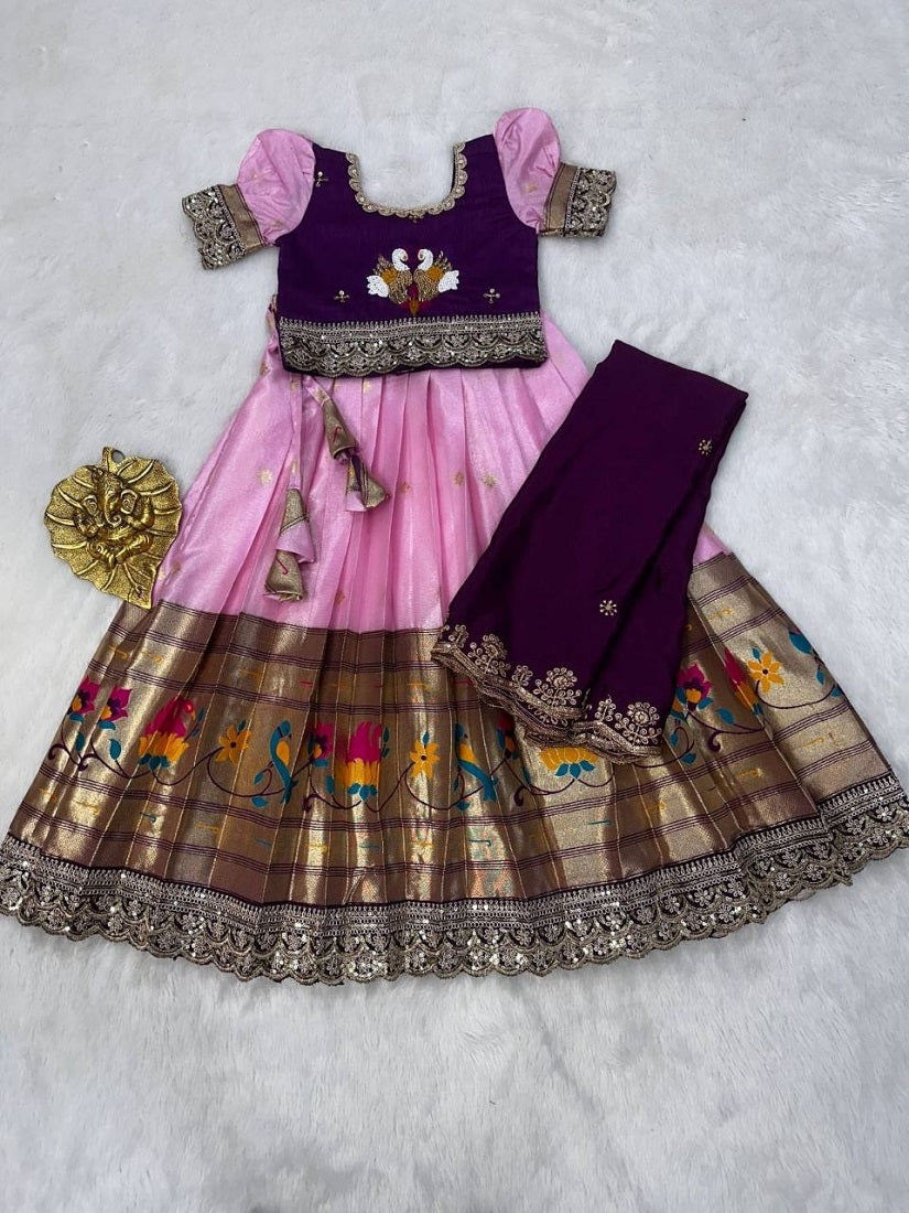 Evanik Purple Kids Paithani Simmer Silk Zari Weaving Pavadai Lehenga Choli Set | Grocsy