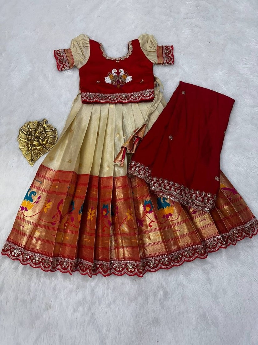 Evanik Red Kids Paithani Simmer Silk Zari Weaving Pavadai Lehenga Choli Set | Grocsy