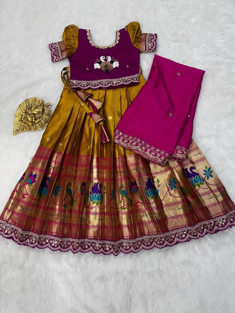Evanik Pink Kids Paithani Simmer Silk Zari Weaving Pavadai Lehenga Choli Set | Grocsy