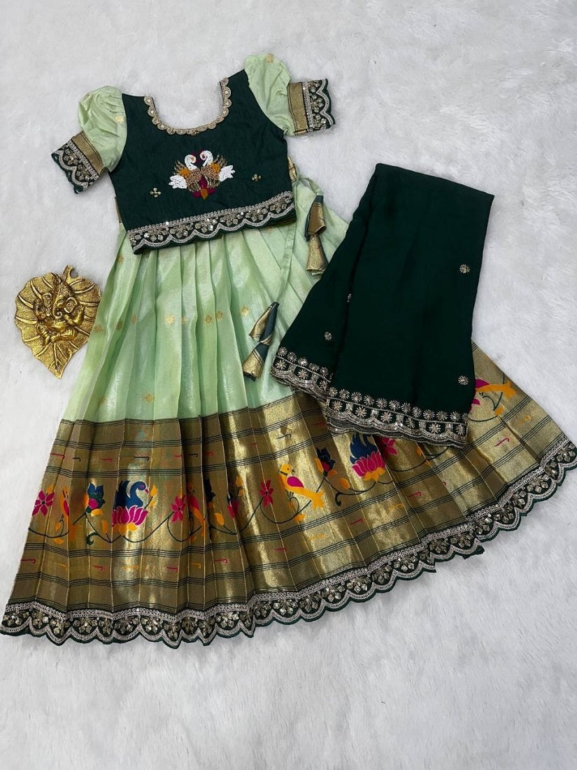 Evanik Green Kids Paithani Simmer Silk Zari Weaving Pavadai Lehenga Choli Set | Grocsy