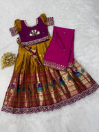 Evanik Pink Kids Paithani Simmer Silk Zari Weaving Pavadai Lehenga Choli Set | Grocsy