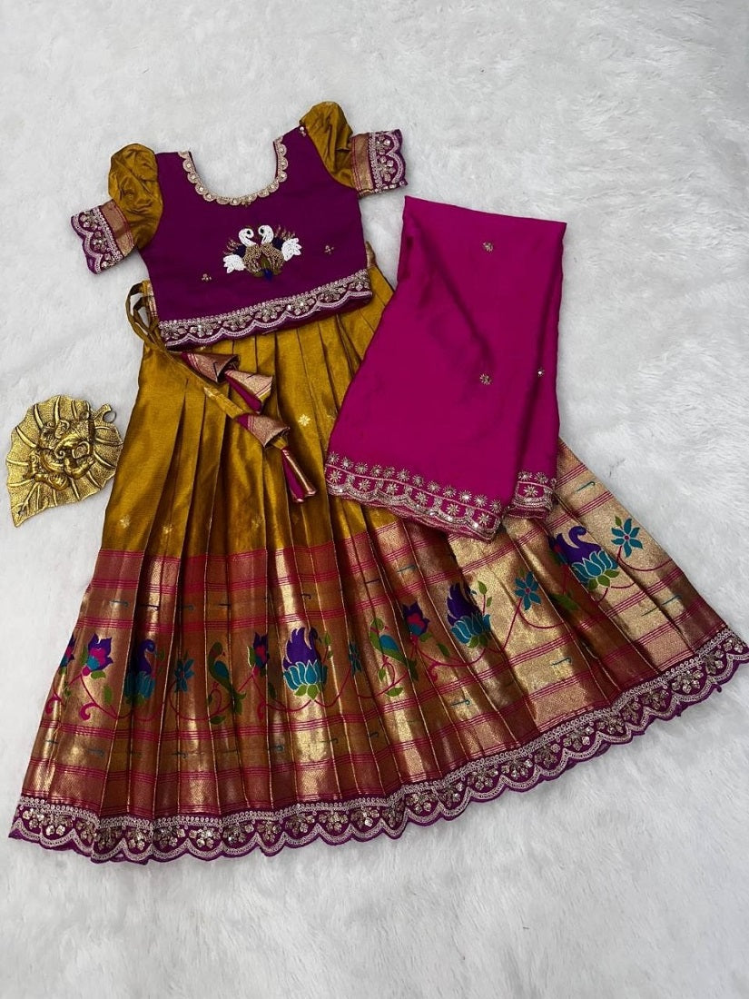 Evanik Pink Kids Paithani Simmer Silk Zari Weaving Pavadai Lehenga Choli Set | Grocsy