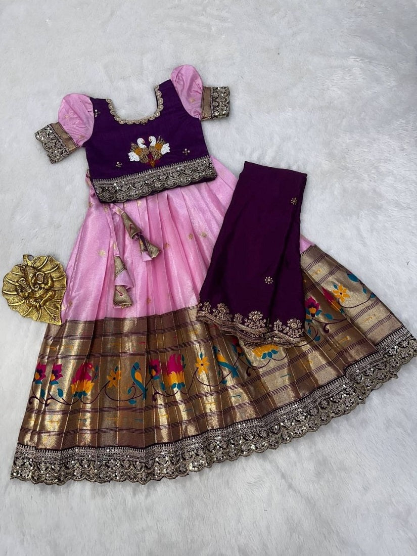 Evanik Purple Kids Paithani Simmer Silk Zari Weaving Pavadai Lehenga Choli Set | Grocsy