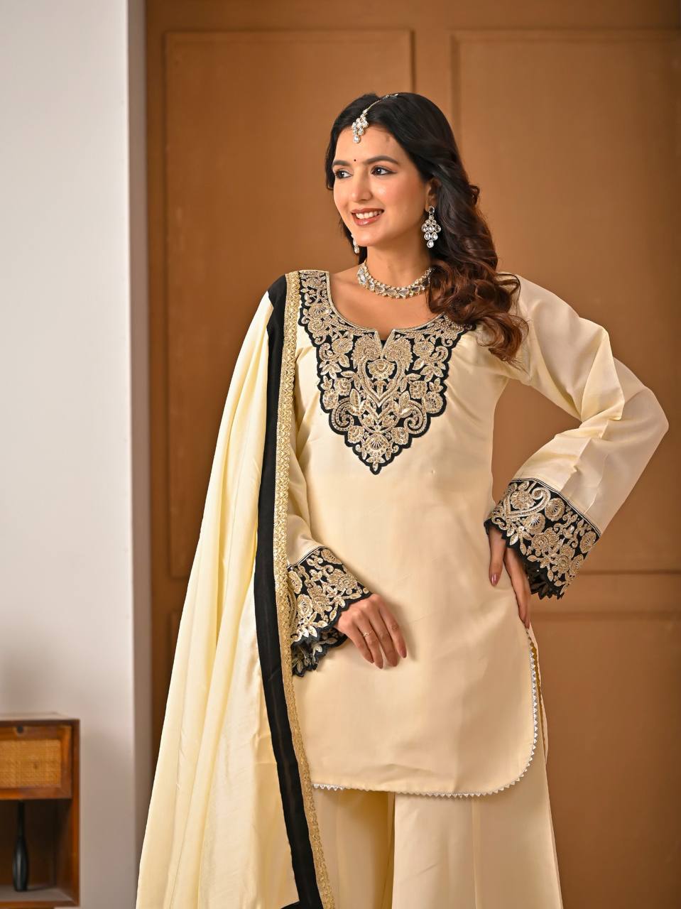 Yash Enterprise Off White Roman Silk Embroidery Party Wear Suit Set | Grocsy