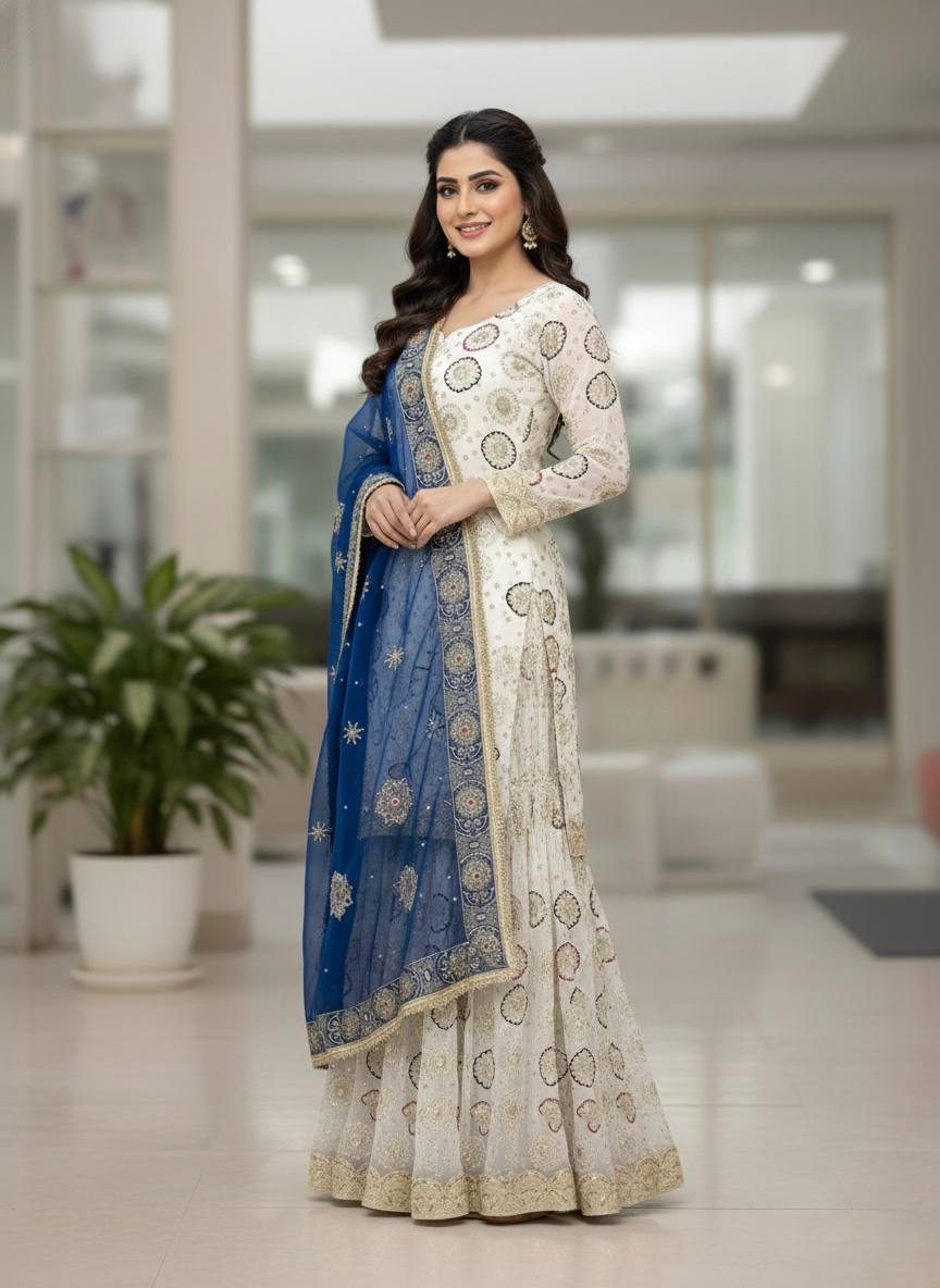 Yash Enterprise Off White Faux Georgette Embroidered Party Wear Suit Set | Grocsy