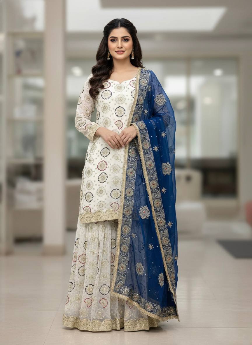 Yash Enterprise Off White Faux Georgette Embroidered Party Wear Suit Set | Grocsy