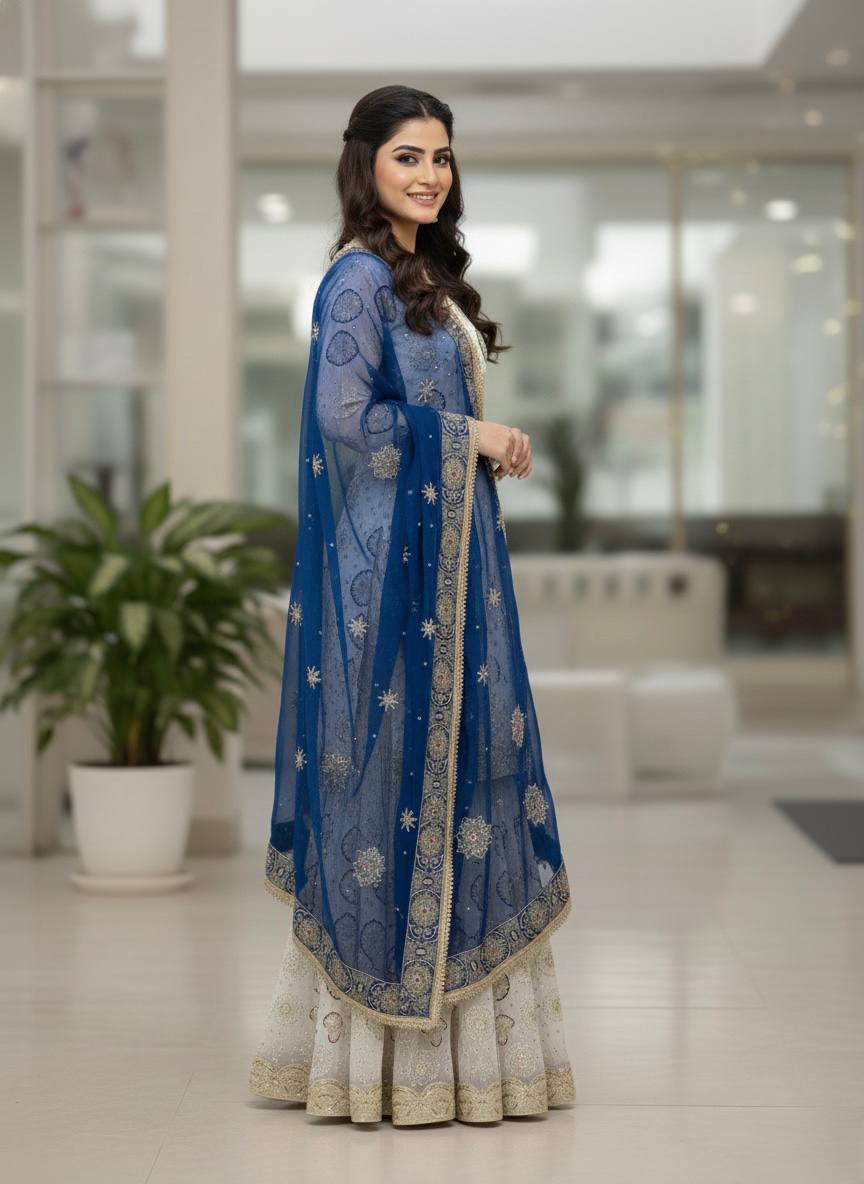 Yash Enterprise Off White Faux Georgette Embroidered Party Wear Suit Set | Grocsy