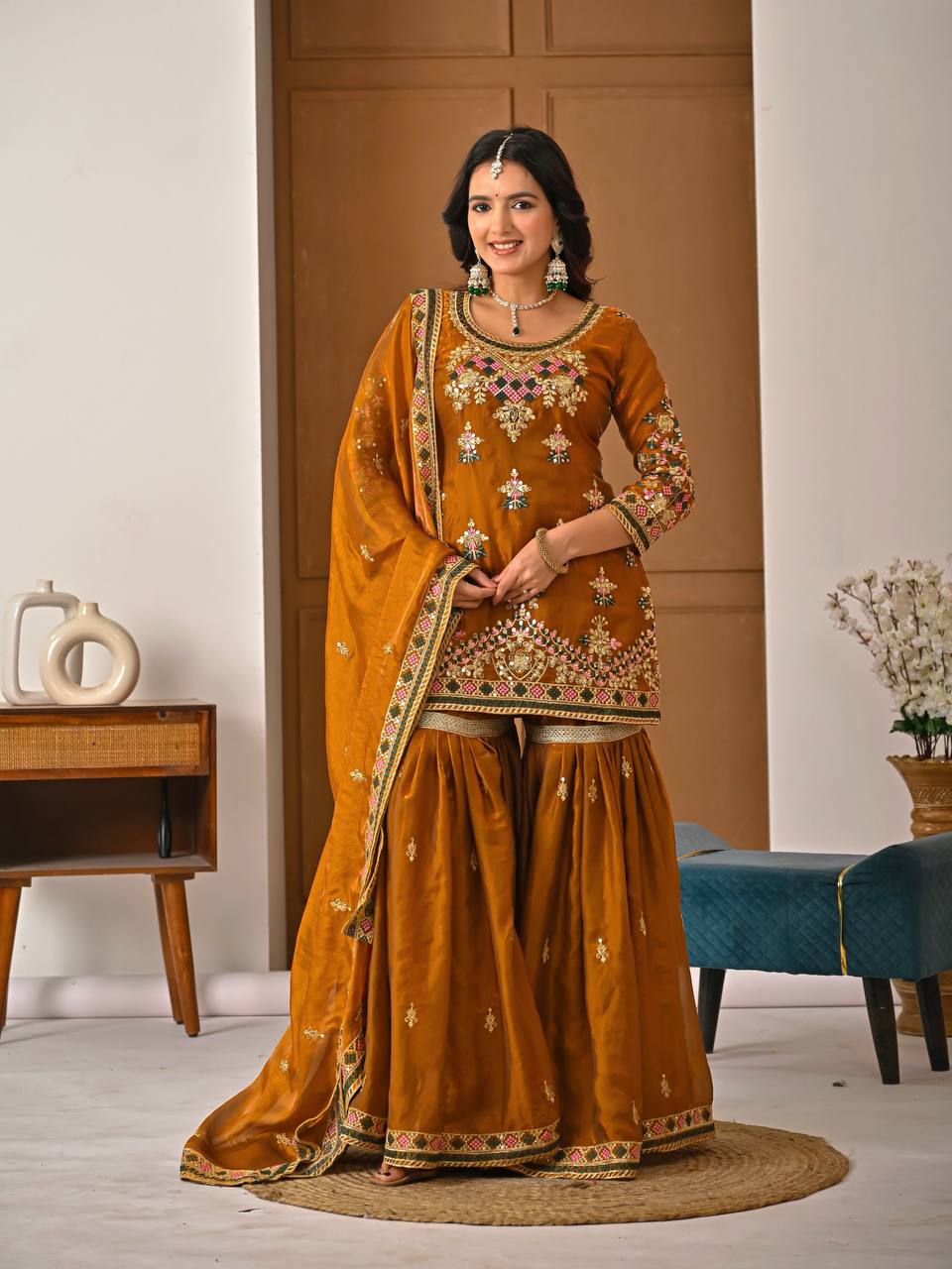 Yash Enterprise Orange Fandy Silk Party Wear Embroidery Suit Set | Grocsy