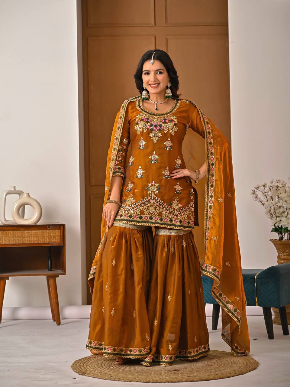 Yash Enterprise Orange Fandy Silk Party Wear Embroidery Suit Set | Grocsy