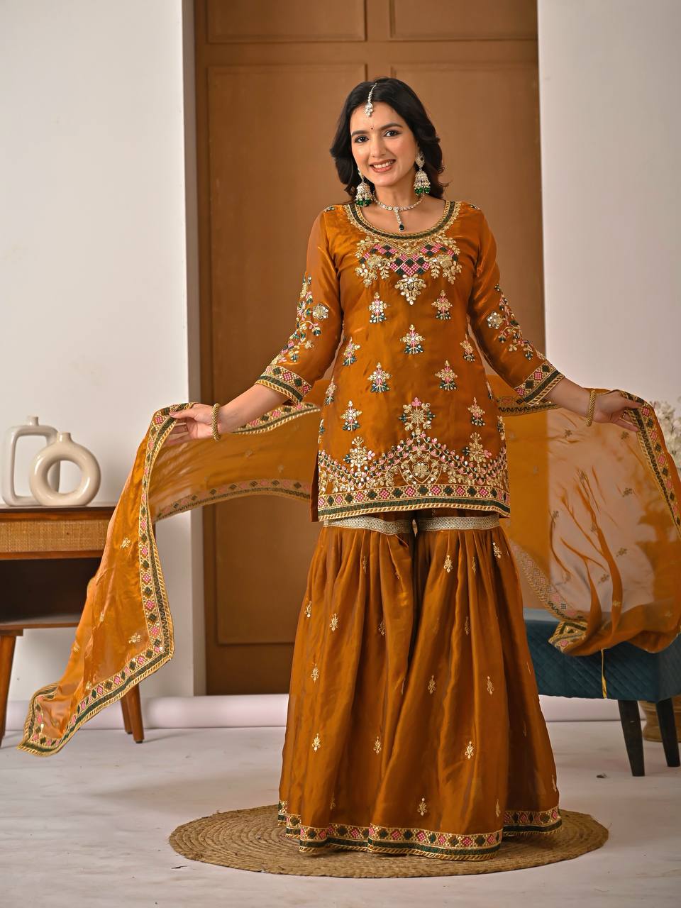 Yash Enterprise Orange Fandy Silk Party Wear Embroidery Suit Set | Grocsy