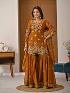 Yash Enterprise Orange Fandy Silk Party Wear Embroidery Suit Set | Grocsy