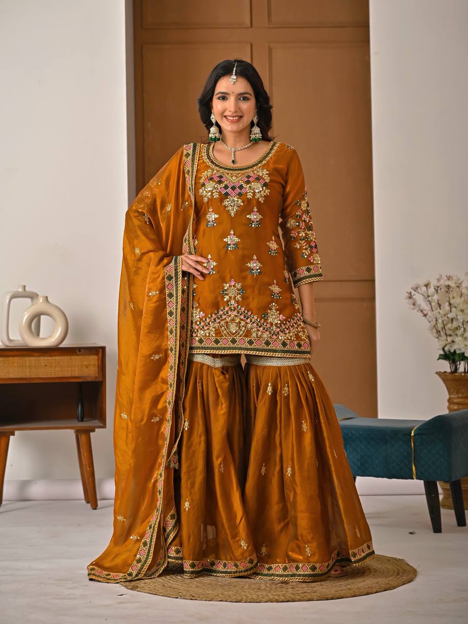 Yash Enterprise Orange Fandy Silk Party Wear Embroidery Suit Set | Grocsy