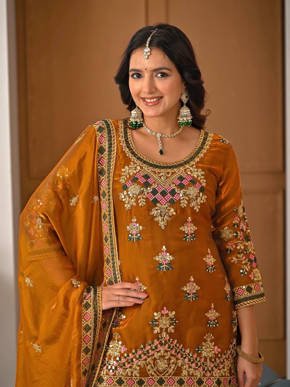 Yash Enterprise Orange Fandy Silk Party Wear Embroidery Suit Set | Grocsy